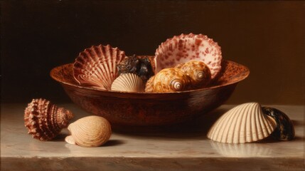 Beautiful Collection of Unique Seashells in Round Bowl Displayed on Elegant Surface in Soft Lighting for Coastal Decor Style Inspiration