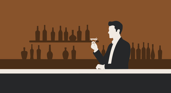 Sophisticated Gentleman Enjoys Cocktail At A Bar With Bottle Collection Background