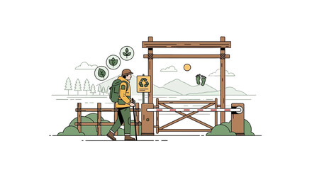 Sustainable Trekker Approaches Protected Nature Reserve Gateway With Recycling Symbol