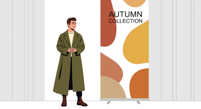 Stylish Man Poses With Autumn Collection Display Banner