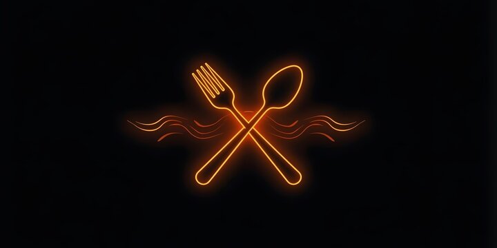 Crossed fork and spoon with glowing orange neon outline and steam effect representing food and dining isolated on black background