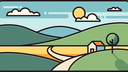 Naklejka premium Minimalist Flat Design Landscape Illustration of a Sunny Rural Countryside with Hills and a Road