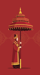 Traditional Royal Guard Holding Ornate Ceremonial Umbrella In Rich Red Hues