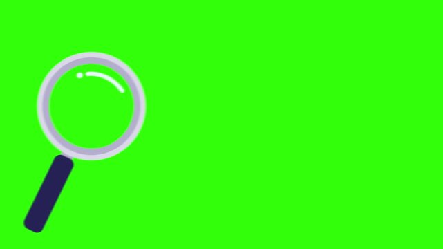 Animation of a magnifying glass with a dark blue handle and silver frame on a green screen. Search tool, detective lens, zoom in