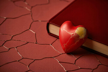 Cracked red heart on dry earth with red book in warm golden lighting for valentines day