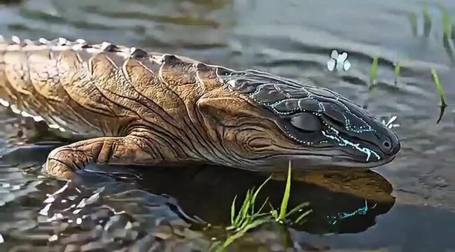 Fantastic reptile creature in shallow water with vegetation