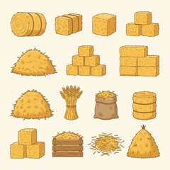 A colorful illustration depicts various arrangements of hay bales stacks and loose hay showcasing rural agriculture © Saranga