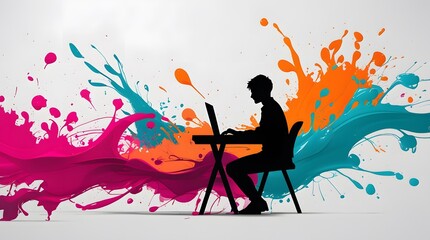 Abstract Graphic Design Composition with Continuous Line Drawing of Person Working