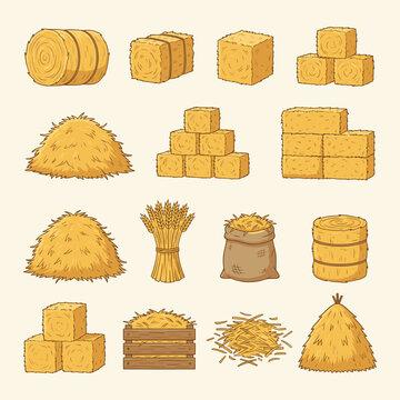 A colorful illustration depicts various arrangements of hay bales stacks and loose hay showcasing rural agriculture