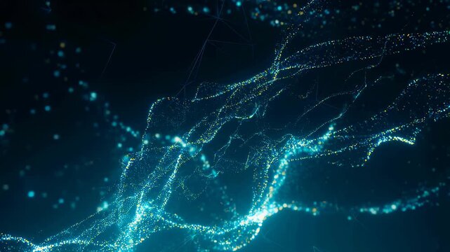 Abstract glowing particles flowing in a digital space. Represents innovation, technology, and the interconnectedness of data in a modern world