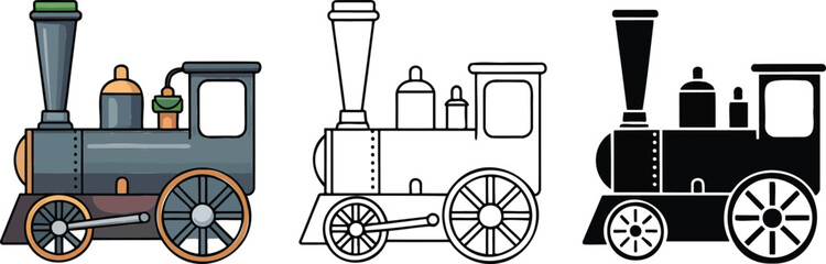 Vintage steam train locomotive silhouette & Outline and illustration set isolated on transparent background