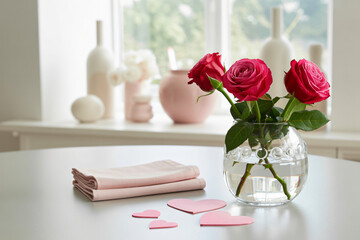 Pink Roses in Glass Vase Soft Romantic Pastel Lighting on White Tabletop for Home Decor