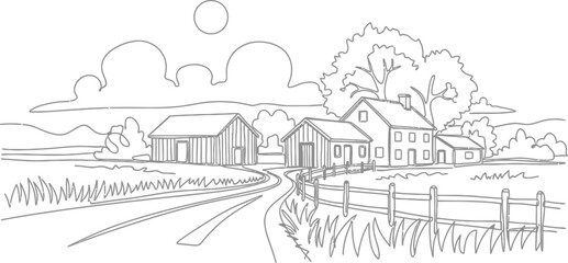 Naklejka premium Rural Farm Landscape with Houses and Barns