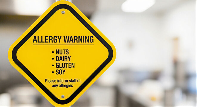 Allergy warning sign in bold style in yellow colors for alerting allergens
