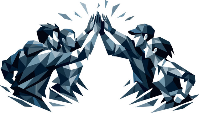 Low-poly vector illustration of a team preparing for a high five, group arranged in a circular formation with raised arms and