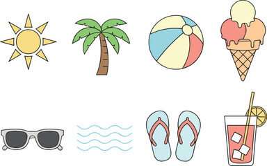 Colorful Summer Vacation Icons Sun Palm Tree Beach Ball Ice Cream Keywords: sun, yellow, palm tree, green, brown, beach ball
