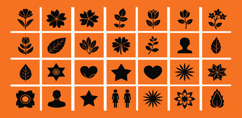Black silhouette graphic icons in a grid, featuring flowers, leaves, stars, hearts, and human figures, ideal for various design projects