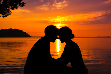 Couple kissing at serene orange sunset on calm water with warm golden light for romantic getaway