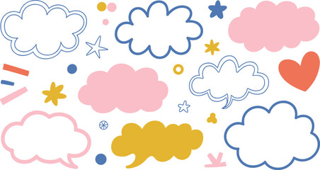 Obraz premium Hand drawn cute cloud collection with stars and hearts, colorful speech bubbles and doodle elements set for kids design, vector.