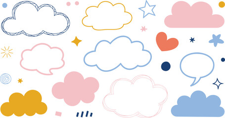 Fototapeta premium Hand drawn cute cloud collection with stars and hearts, colorful speech bubbles and doodle elements set for kids design, vector.