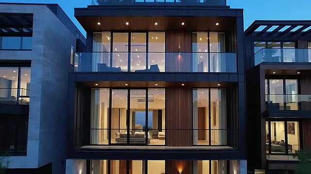 Modern luxury apartment building exterior at dusk with illuminated interior.