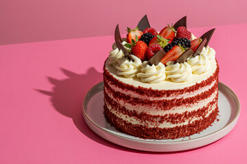 Red velvet cake with strawberries and chocolate decorations in bright studio lighting on pink background for bakery advertising
