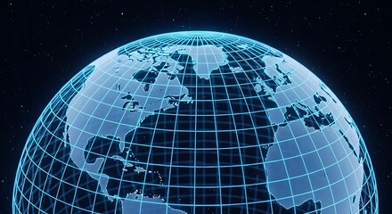 Naklejka premium Glowing Blue Wireframe Globe with Starry Background Keywords: globe, earth, world, planet