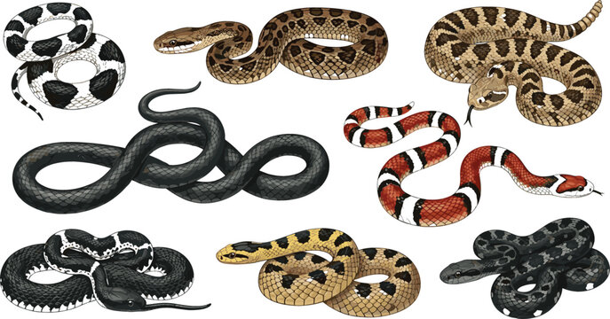 Realistic snake illustration set with coiled and crawling serpents isolated on white background