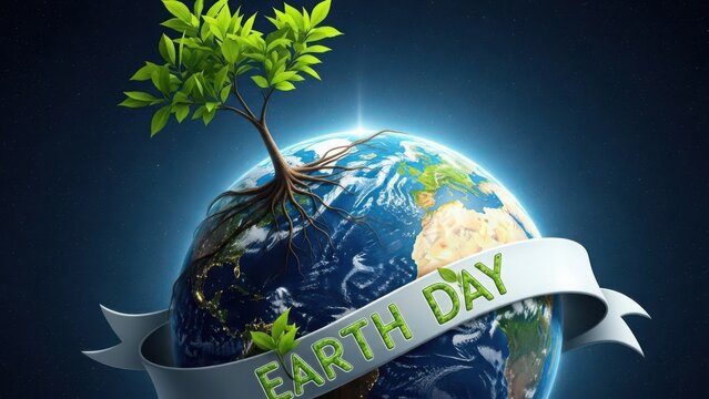 Earth day celebration with a growing tree on globe