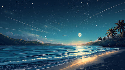 Serene night scene of a moonlit beach with shimmering stars and gentle waves illustration