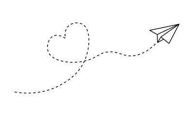 Paper airplane with dashed heart line flight path
