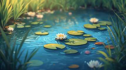 Serene pond adorned with delicate water lilies and lush greenery under soft sunlight. illustration