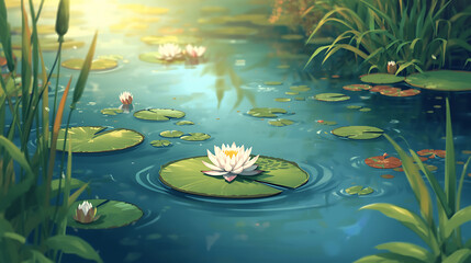 Serene pond scene with blooming water lilies and aquatic life illustration