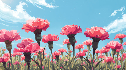 Vibrant pink carnations blooming under a bright, scattered sky illustration
