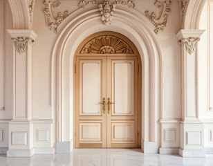 Obraz premium A large wooden door with an arched entrance in a luxurious interior on transparent background