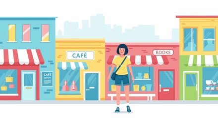 Naklejka premium Vibrant Street Scene Featuring A Young Woman Amidst Quaint Shops And Cafes