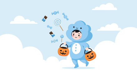 Obraz premium Whimsical Child In Cloud Costume Collecting Halloween Treats Under A Blue Sky
