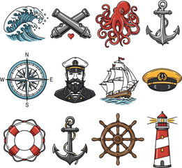 Nautical elements illustration set with anchor, compass, ship, lighthouse, captain, octopus, cannon and wave icons in detailed vintage maritime vector style © Jahangir