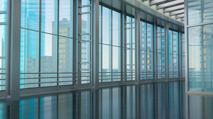 Large empty hall with panoramic windows overlooking the blue sky and modern high-rise buildings, glass interior wall, glossy black floor reflecting the windows. 3d illustration © Wire_man