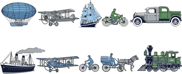 Vintage transportation illustration set showing historical vehicles including airship, airplane, ship, bicycle, motorcycle, carriage, truck and steam train in retro vector style © Jahangir