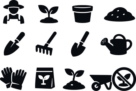 Solid vector icons of gardening hobby: gardener, plant, pot, soil, trowel, rake, shovel, wateringcan, gloves, seedpacket, sprout,