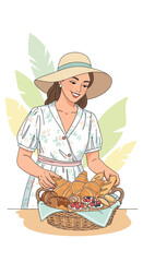 Wholesome Baker Woman Proudly Displays Freshly Baked Pastries In Wicker Basket