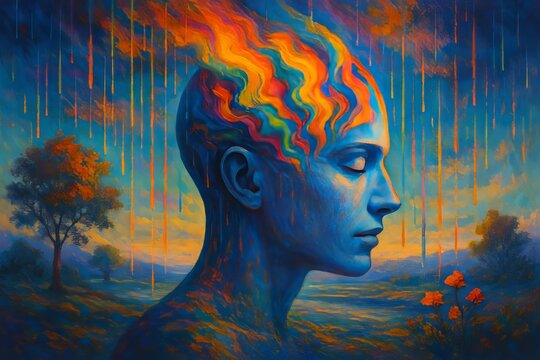 obra de arte surrealista que presente una cabeza humana llena de colores vibrantes y fluidos