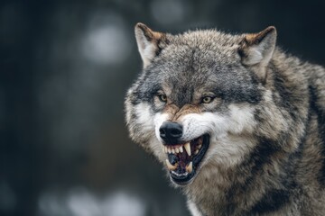 Ferocious wild wolf growling at camera