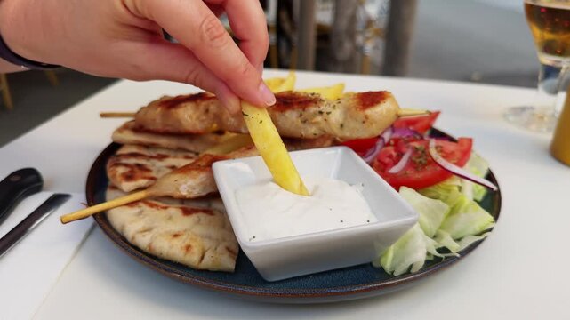 Greek pita, chicken souvlaki, green salad with fresh vegetables, French fries, and tzatziki sauce. Greek cuisine. High quality 4k footage
