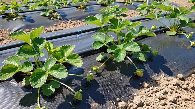 Strawberry plants growing on black weed barrier fabric with drip irrigation tubing