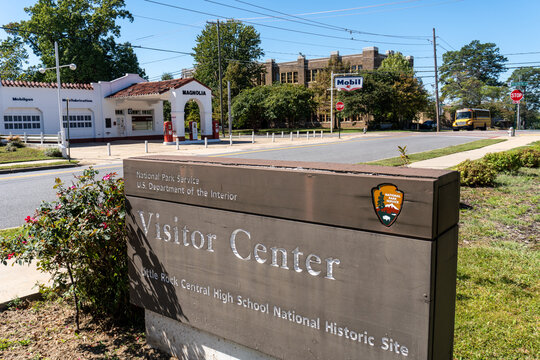Little Rock, Arkansas: Little Rock Central High School National Historic Site. National Park Service Visitor Center sign and Education Center in historic Mobil Station.