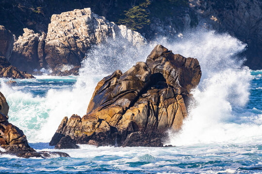 Ocean Waves Crashing Against Point Lobos Coastal Cliffs