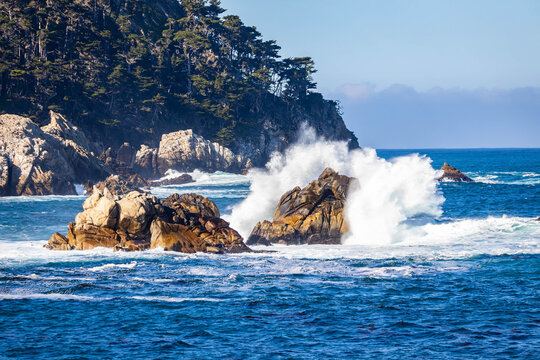 Ocean Waves Crashing Against Point Lobos Coastal Cliffs