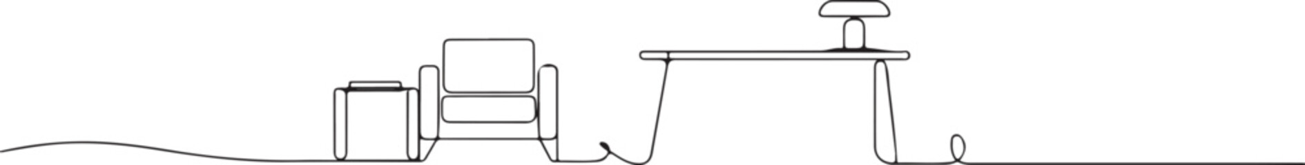 Continuous Line Interior Focuses on the artistic technique used to create the fluid furniture outlines.